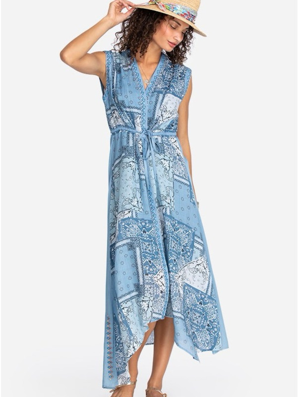 Johnny Was Sleeveless Blue Bandana-Print Maxi Dress with Tie Waist Large